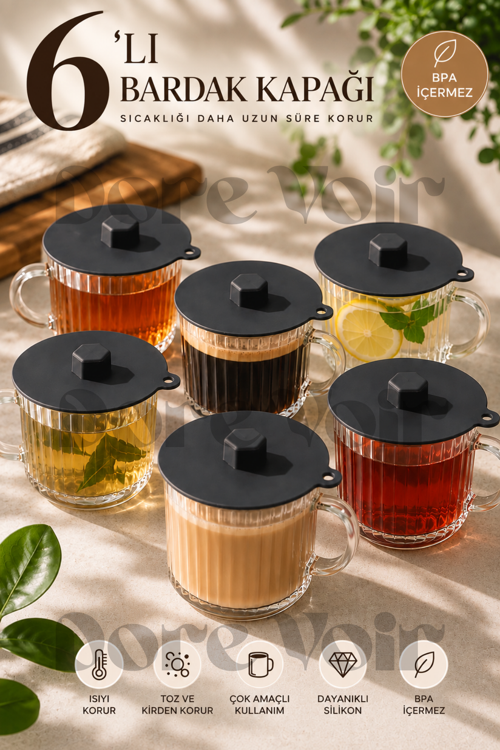 6 Adet Bardak Üstü Silikon Kapak -Gri Renk (Kullanımı etkilemeyen çizikler olabilir)
