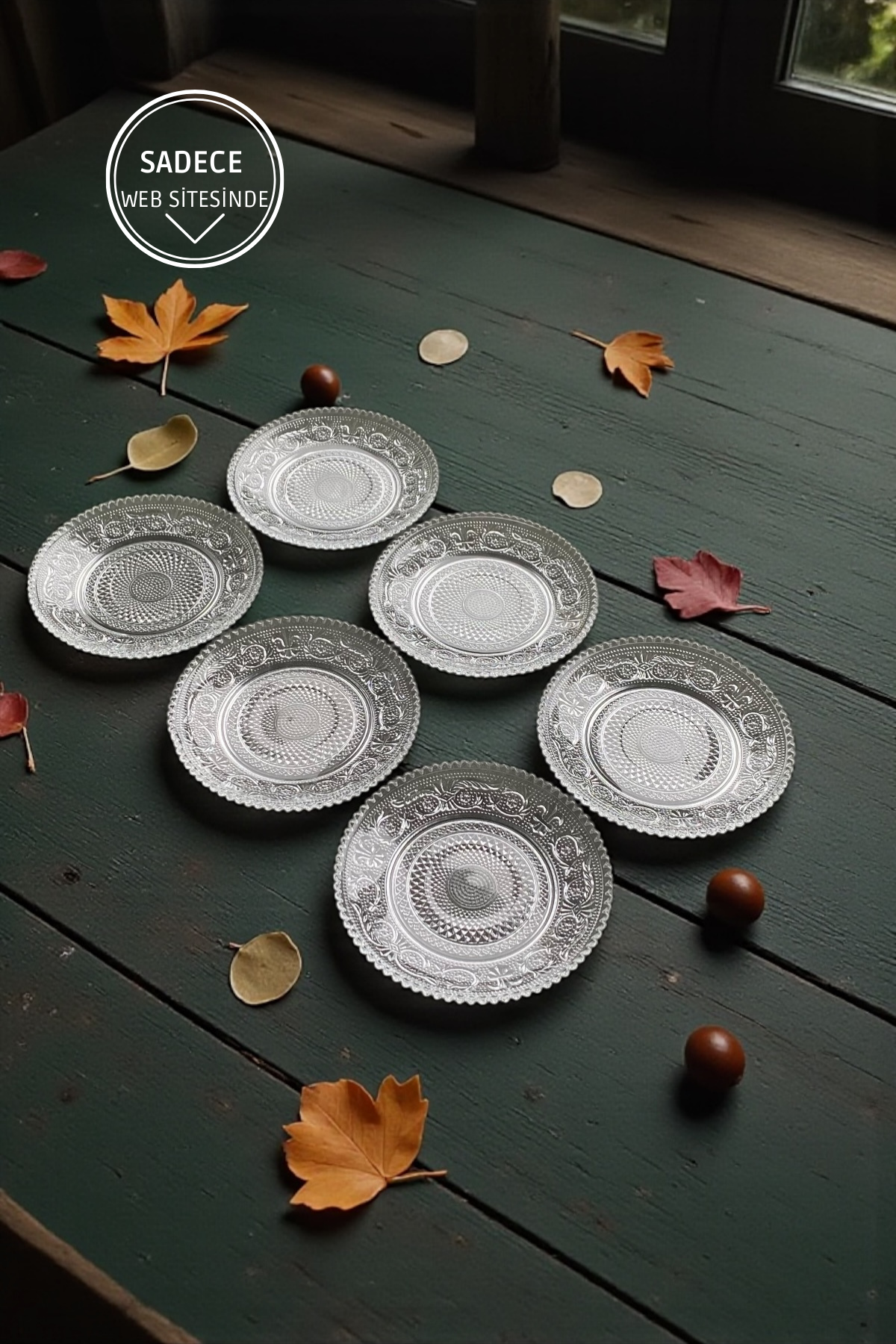 6 Adet Cam Desenli Servis Tatlı Tabağı- Çap 13,5 CM