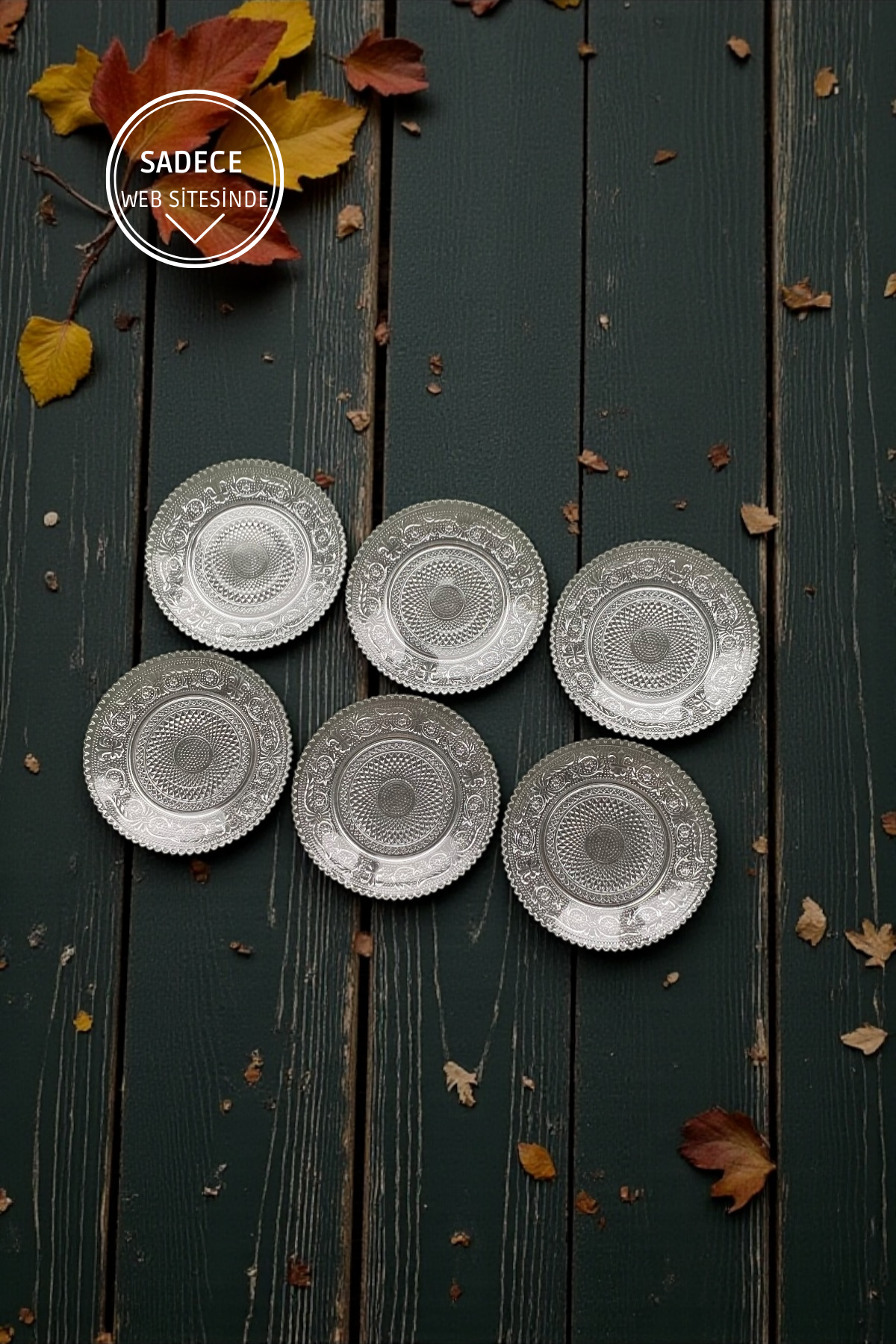 6 Adet Cam Desenli Servis Tatlı Tabağı- Çap 13,5 CM