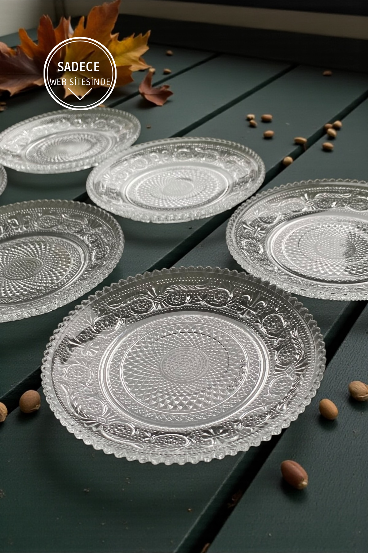 6 Adet Cam Desenli Servis Tatlı Tabağı- Çap 13,5 CM