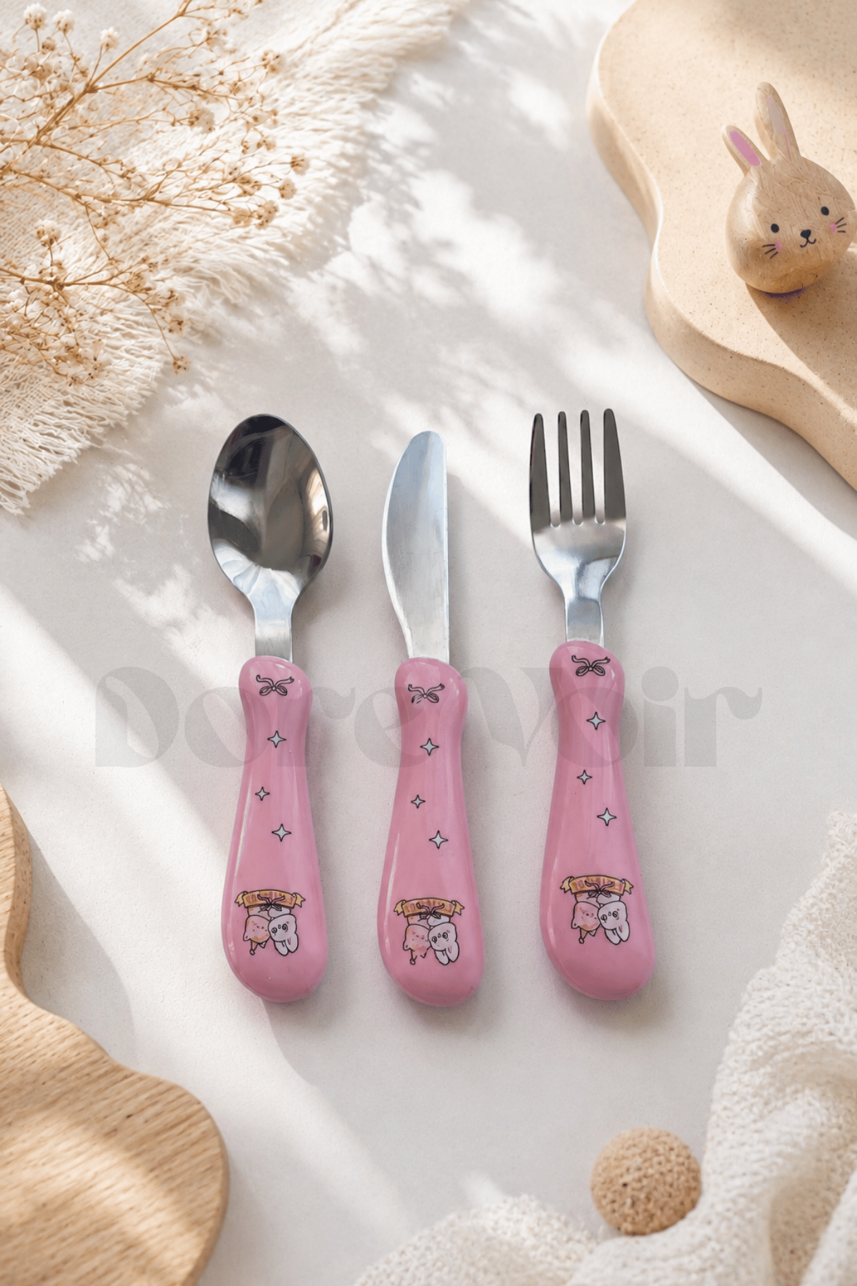 3 Parça Çocuk Çatal Kaşık Bıçak Seti Paslanmaz Çelik-Pembe Renk