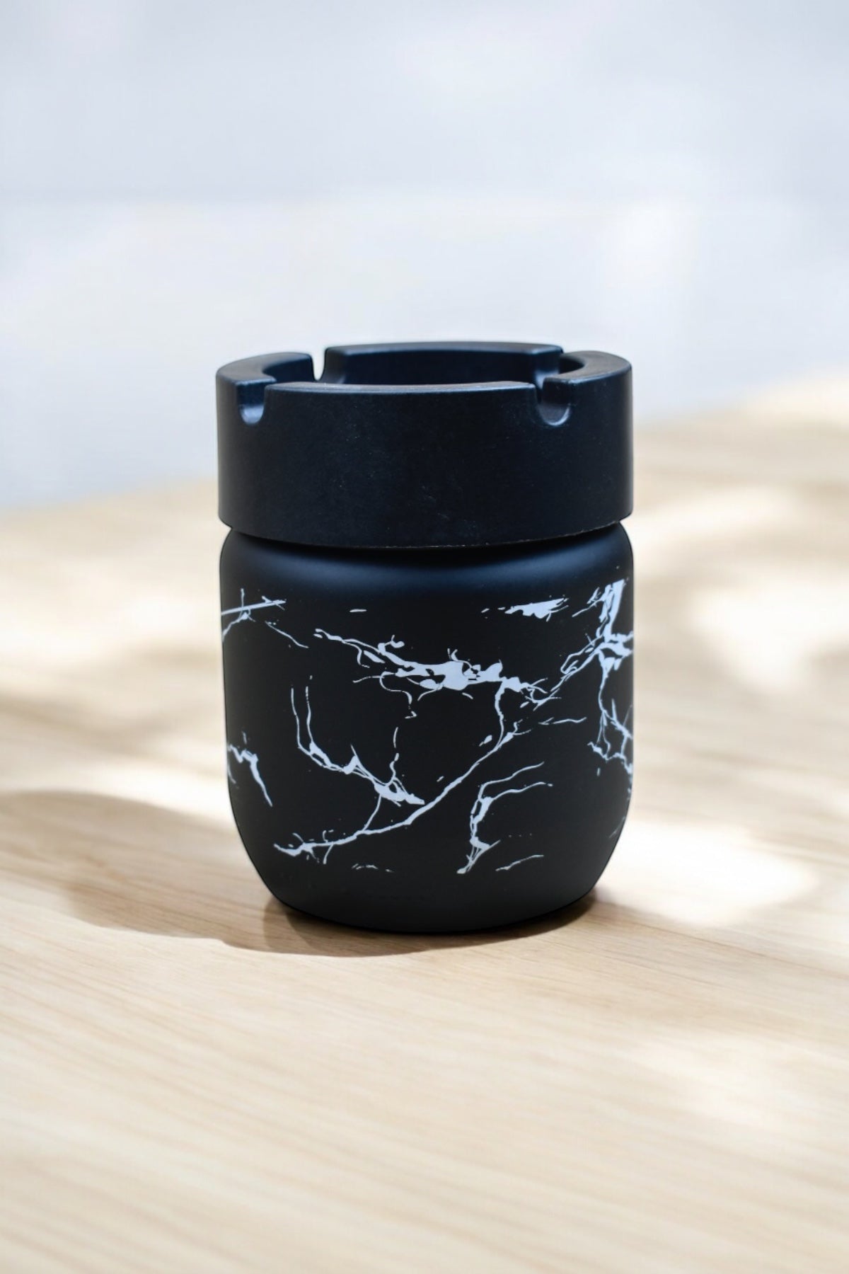Cam Küllük/ Kül Tablası Mermer Desenli-Siyah- 10,5 Cm