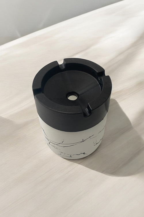 Cam Küllük/ Kül Tablası Parlak Mermer Desenli/Beyaz- 10,5 Cm