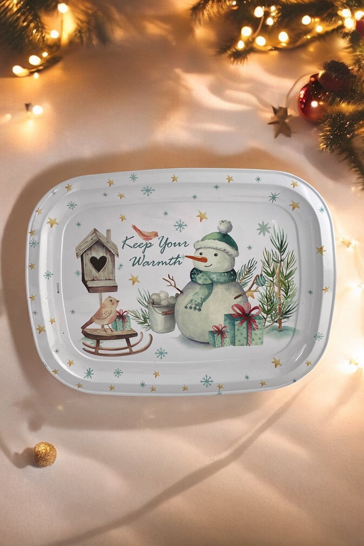 Kardan Adam Desenli Mini Metal Tepsi - 30 cm x 23,5 cm / Yılbaşı Teması
