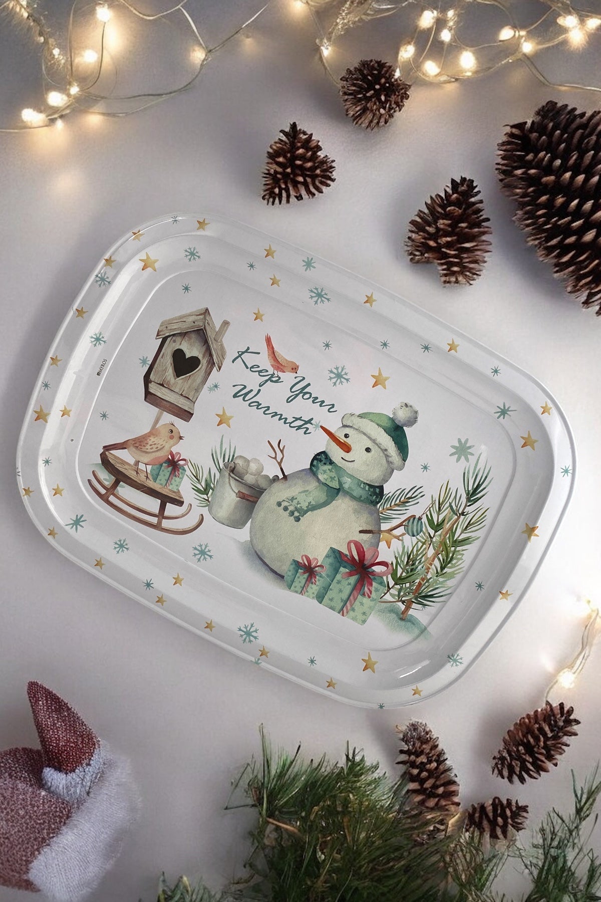 Kardan Adam Desenli Mini Metal Tepsi - 30 cm x 23,5 cm / Yılbaşı Teması