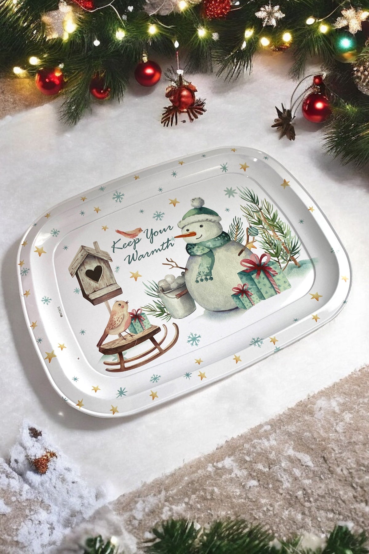 Kardan Adam Desenli Mini Metal Tepsi - 30 cm x 23,5 cm / Yılbaşı Teması