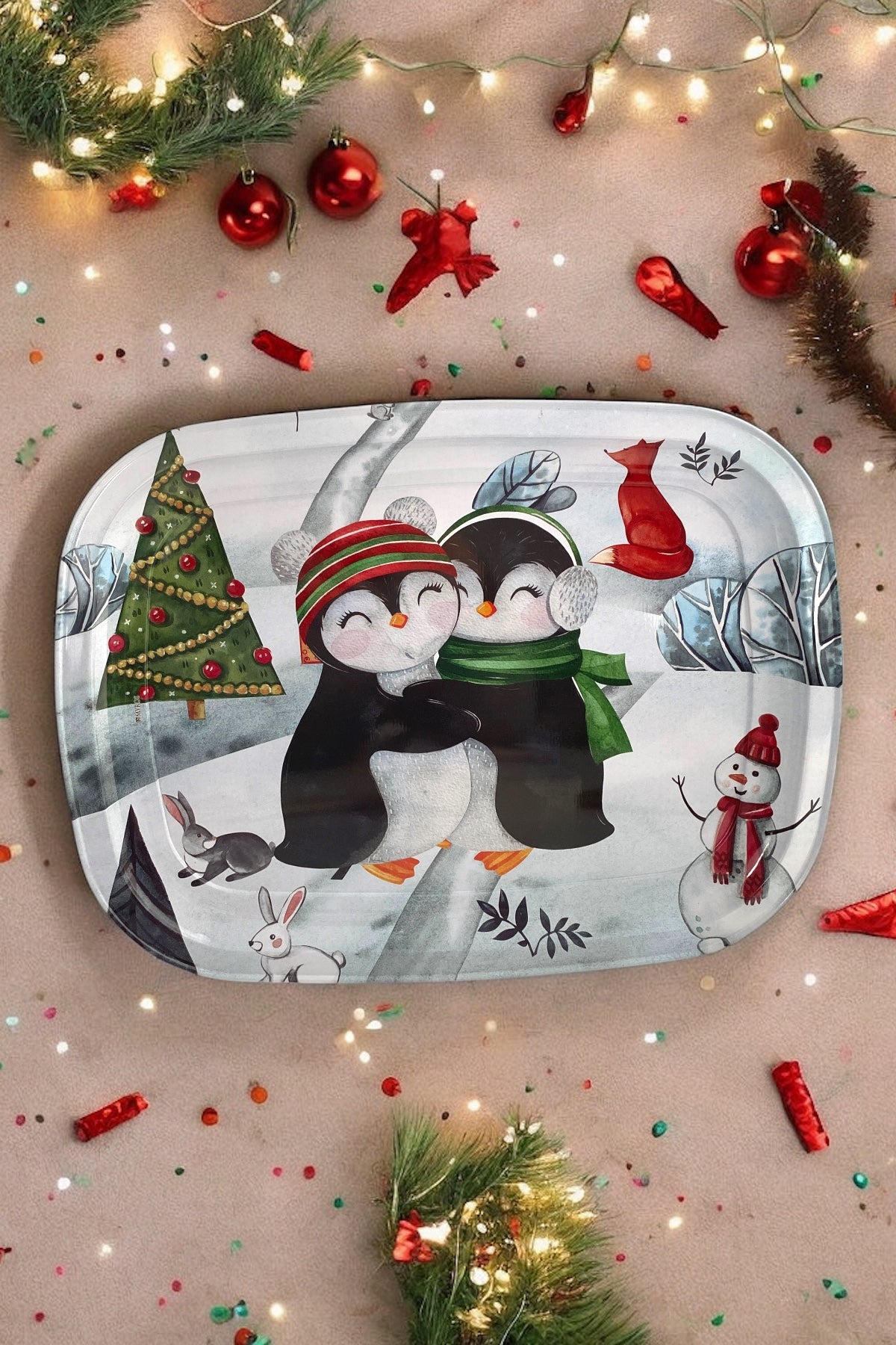 Penguen Desenli Mini Metal Tepsi - 30 cm x 23,5 cm / Yılbaşı Teması
