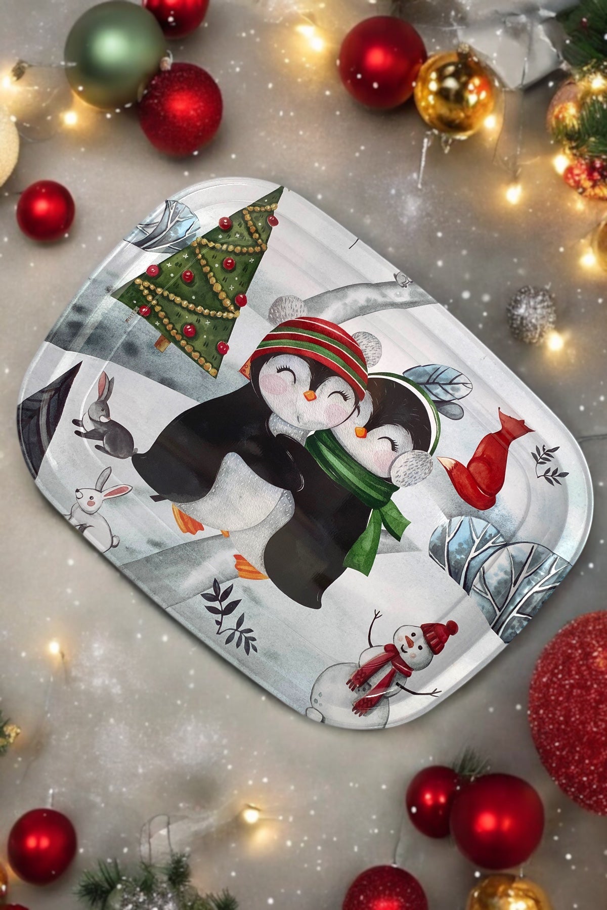 Penguen Desenli Mini Metal Tepsi - 30 cm x 23,5 cm / Yılbaşı Teması