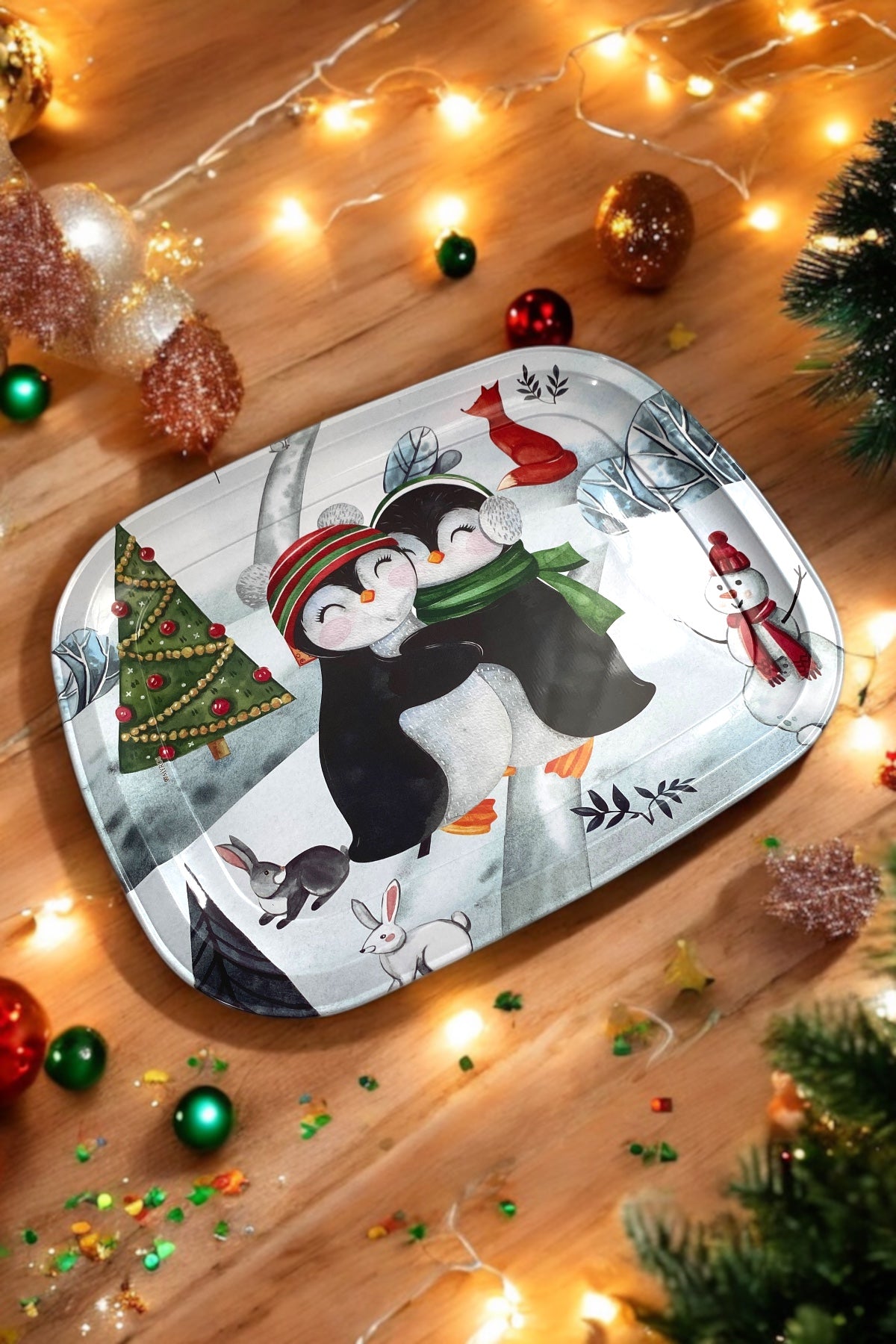 Penguen Desenli Mini Metal Tepsi - 30 cm x 23,5 cm / Yılbaşı Teması