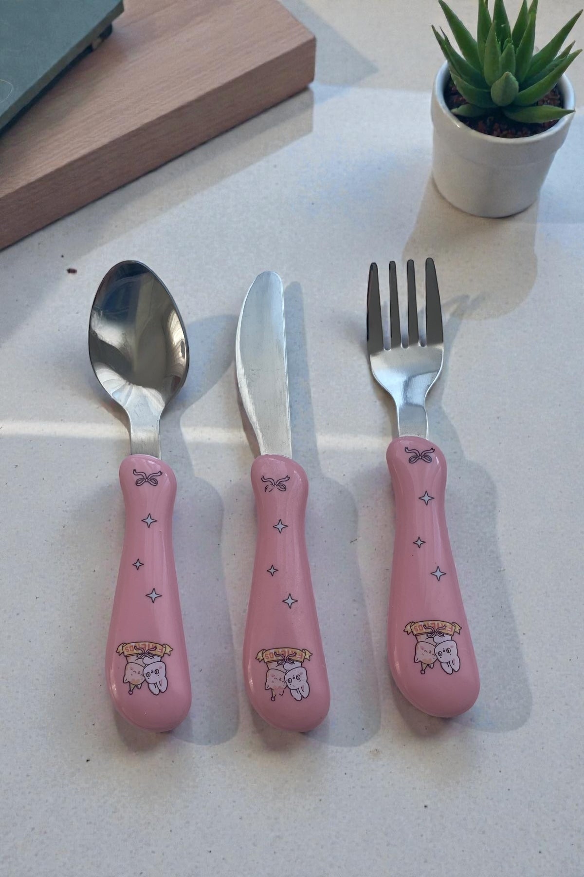 3 Parça Çocuk Çatal Kaşık Bıçak Seti Paslanmaz Çelik-Pembe Renk
