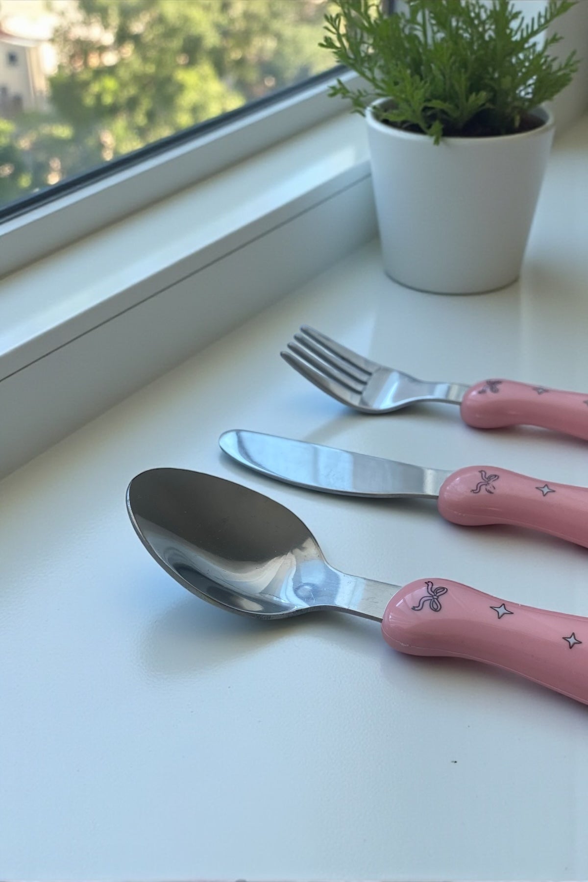 3 Parça Çocuk Çatal Kaşık Bıçak Seti Paslanmaz Çelik-Pembe Renk