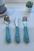 3 Parça Çocuk Çatal Kaşık Bıçak Seti Paslanmaz Çelik-Mavi Renk