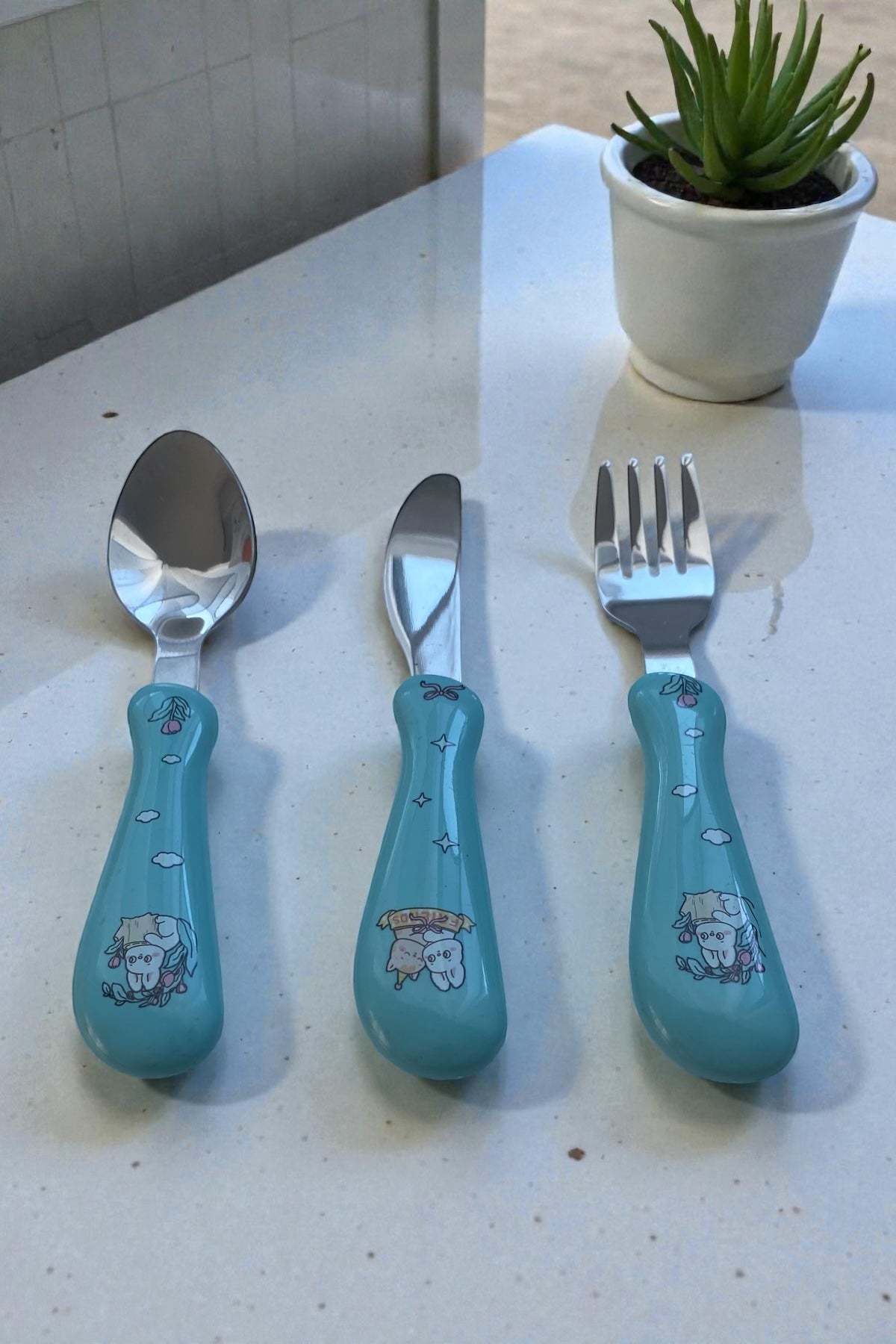 3 Parça Çocuk Çatal Kaşık Bıçak Seti Paslanmaz Çelik-Mavi Renk