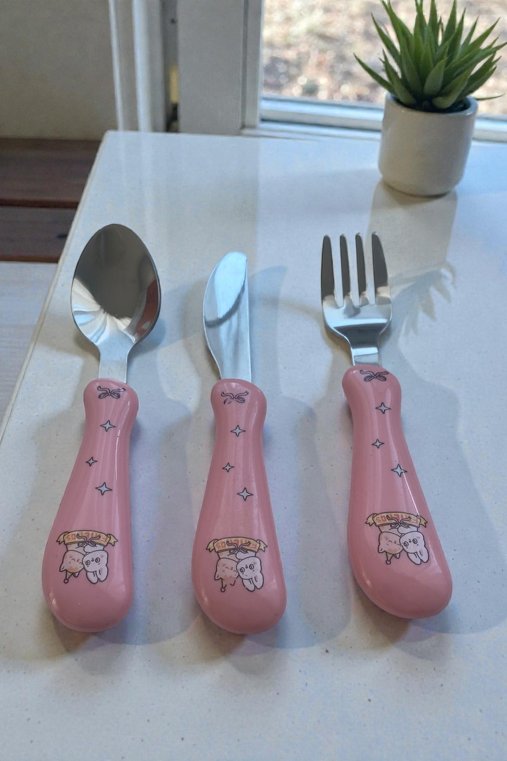 3 Parça Çocuk Çatal Kaşık Bıçak Seti Paslanmaz Çelik-Pembe Renk