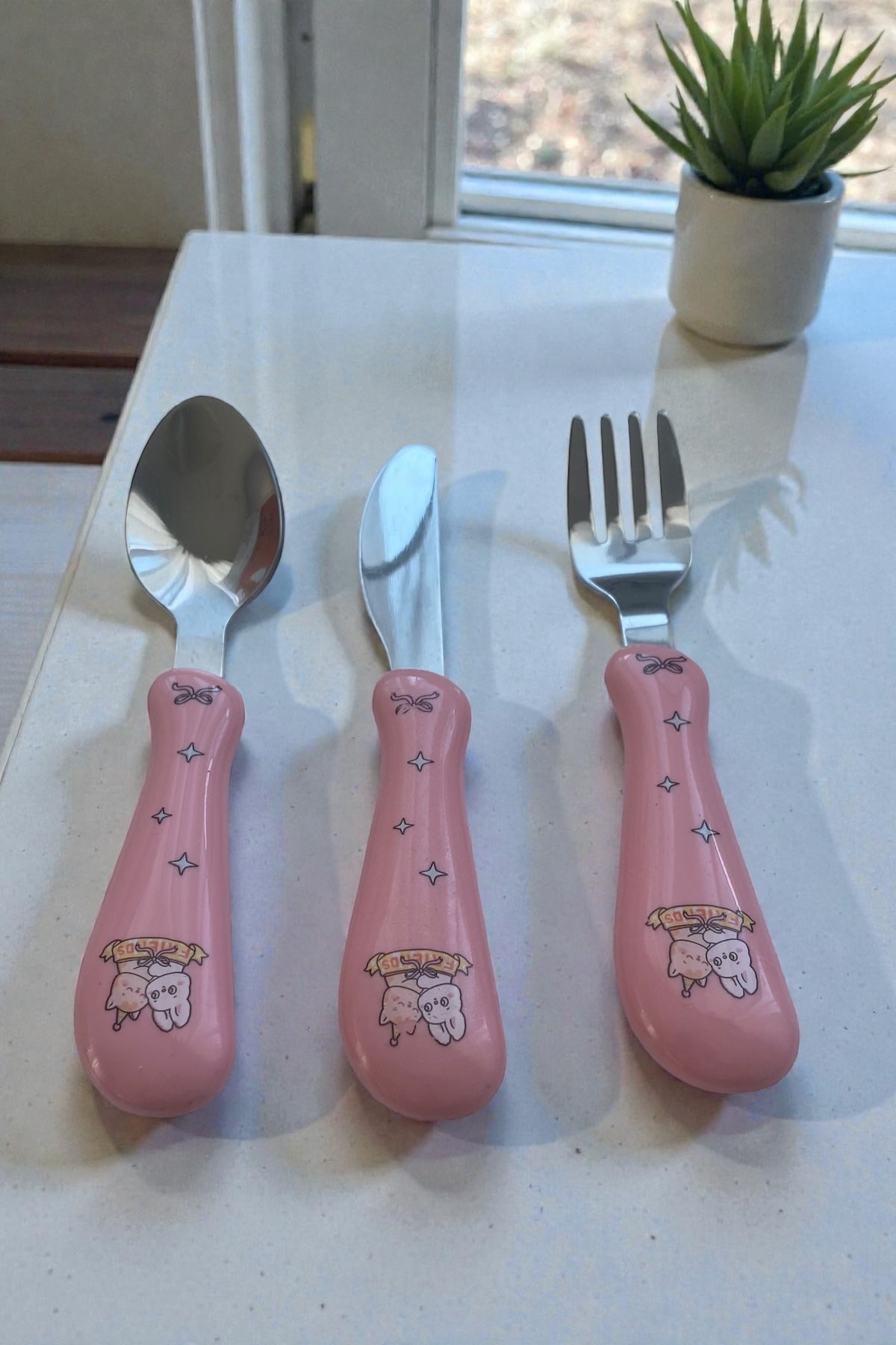 3 Parça Çocuk Çatal Kaşık Bıçak Seti Paslanmaz Çelik-Pembe Renk