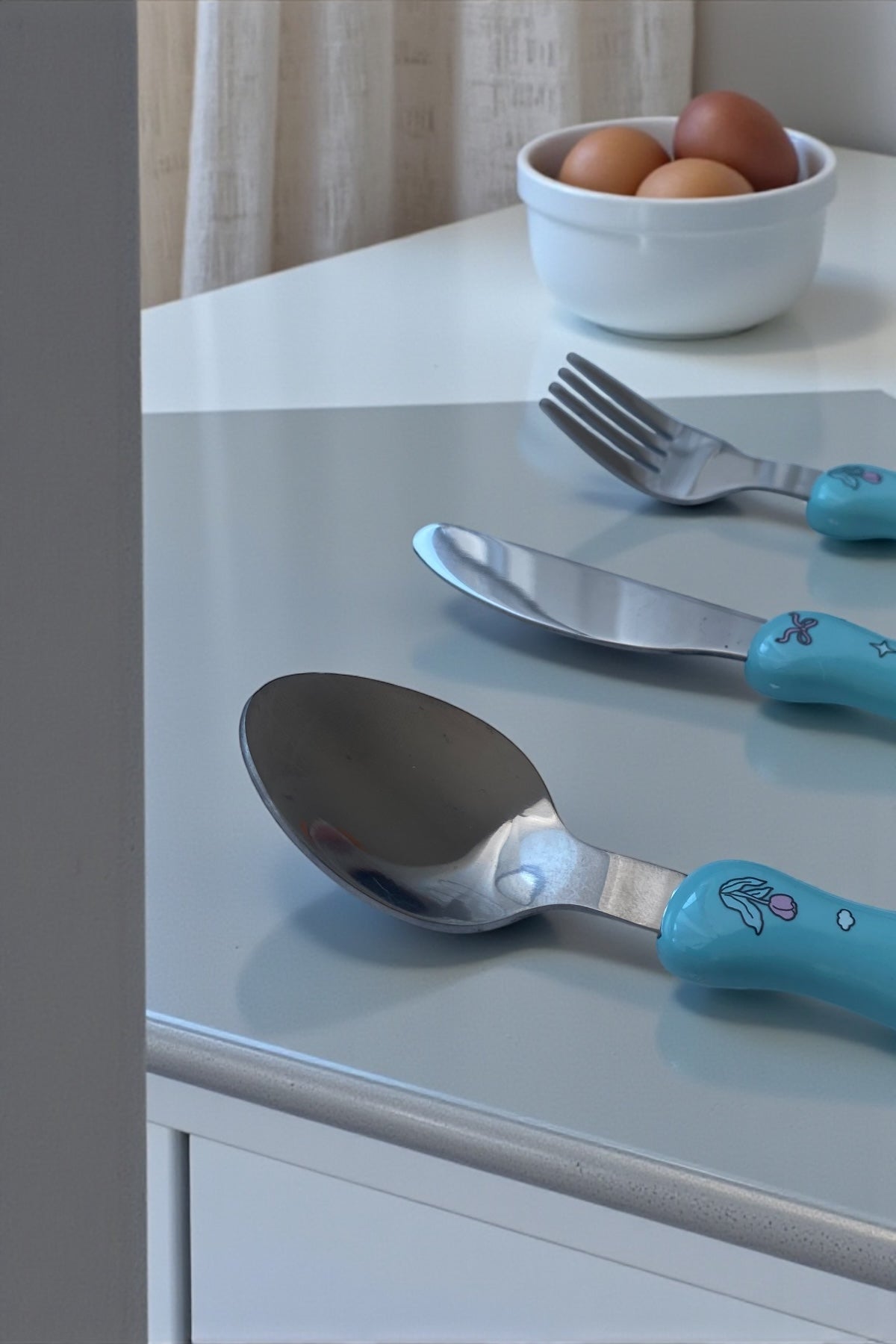 3 Parça Çocuk Çatal Kaşık Bıçak Seti Paslanmaz Çelik-Mavi Renk