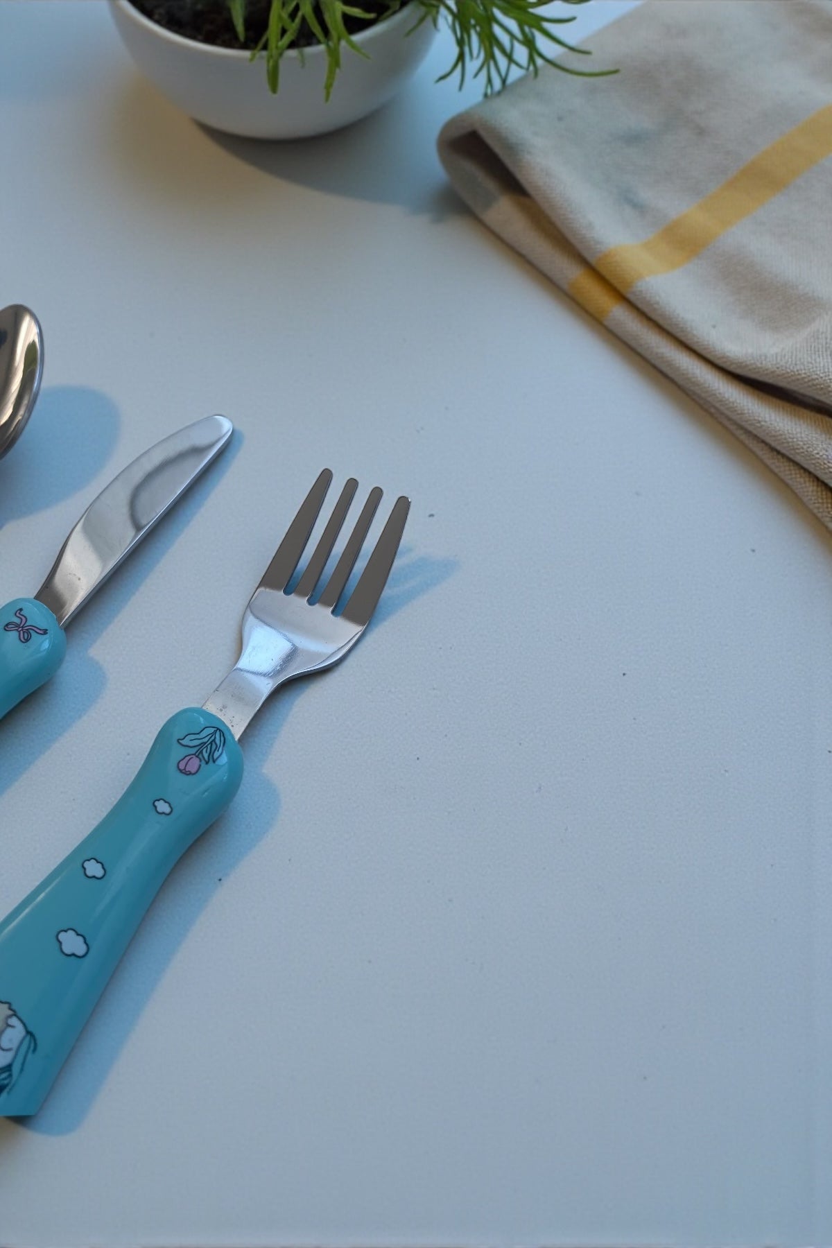 3 Parça Çocuk Çatal Kaşık Bıçak Seti Paslanmaz Çelik-Mavi Renk