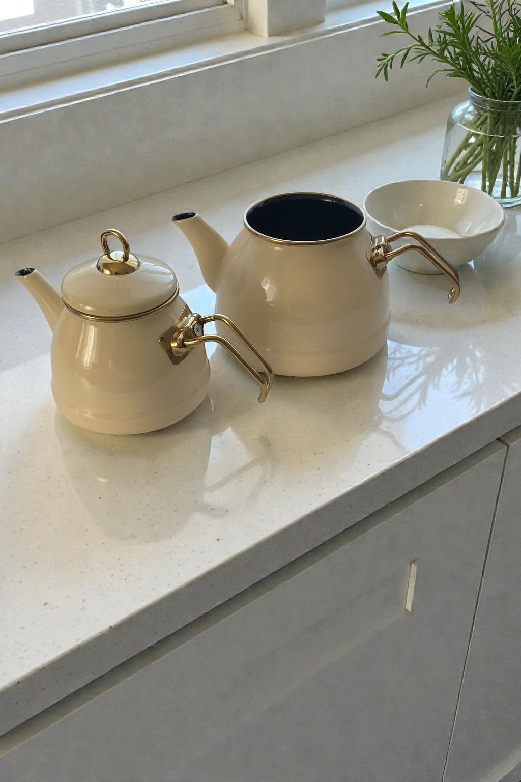 Emaye Gold Kulplu Çaydanlık-Krem Renkli 1,4L/2,5L