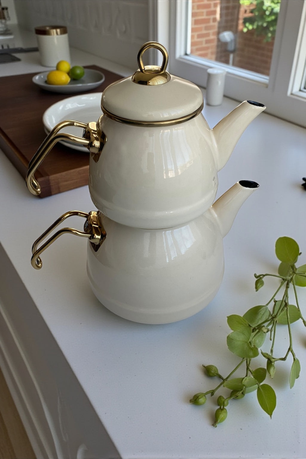 Emaye Gold Kulplu Çaydanlık-Krem Renkli 1,4L/2,5L