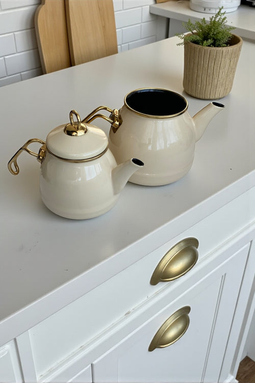 Emaye Gold Kulplu Çaydanlık-Krem Renkli 1,4L/2,5L