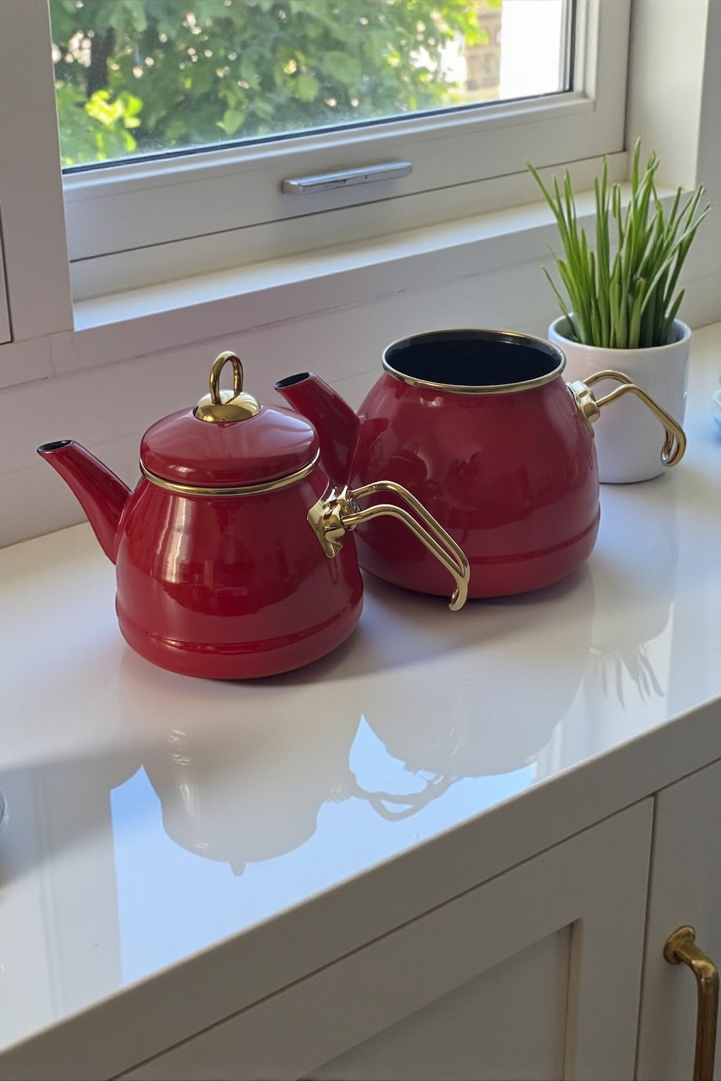 Emaye Gold Kulplu Çaydanlık-Kırmızı 1,4L/2,5L