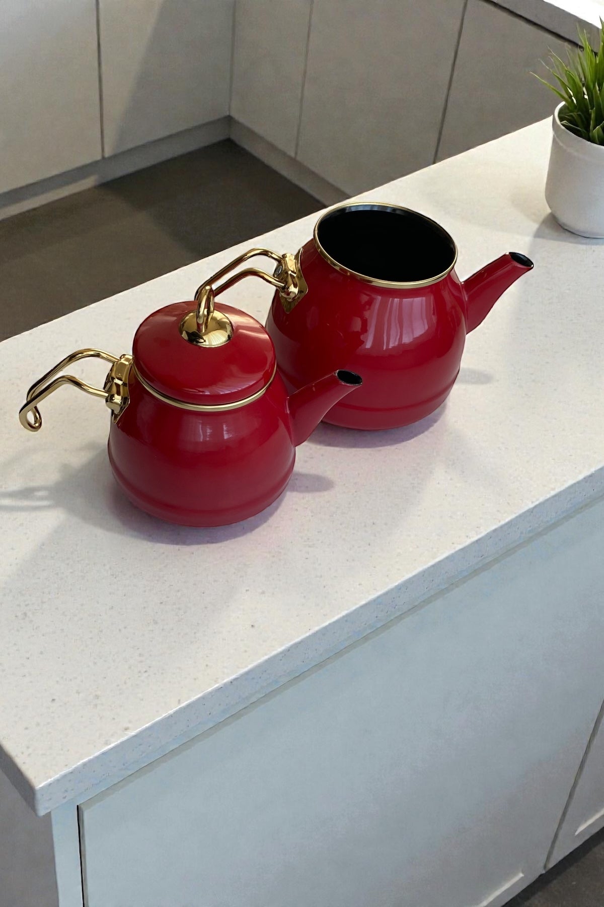 Emaye Gold Kulplu Çaydanlık-Kırmızı 1,4L/2,5L