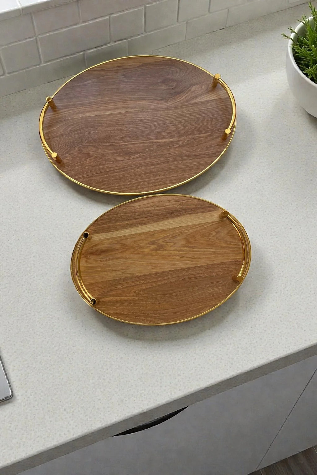 2 Boy Ahşap Gold Kulplu Tepsi Seti-Açık Kahverengi/Boy 39,5 cm ve 33,5 cm