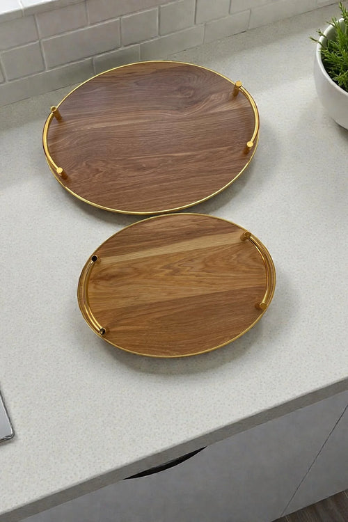 2 Boy Ahşap Gold Kulplu Tepsi Seti-Açık Kahverengi/Boy 39,5 cm ve 33,5 cm