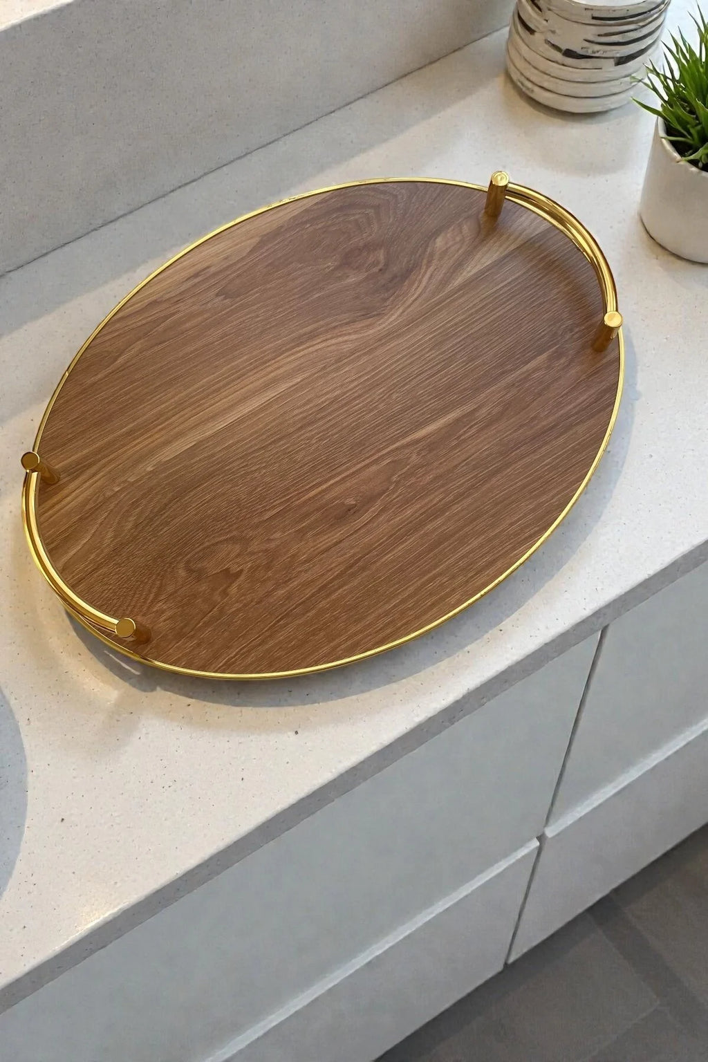 2 Boy Ahşap Gold Kulplu Tepsi Seti-Açık Kahverengi/Boy 39,5 cm ve 33,5 cm