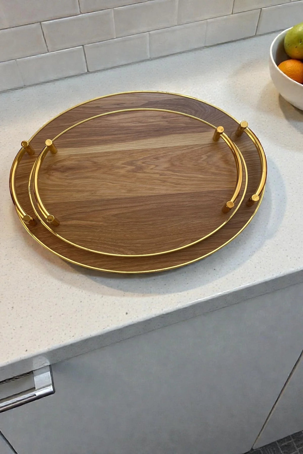 2 Boy Ahşap Gold Kulplu Tepsi Seti-Açık Kahverengi/Boy 39,5 cm ve 33,5 cm