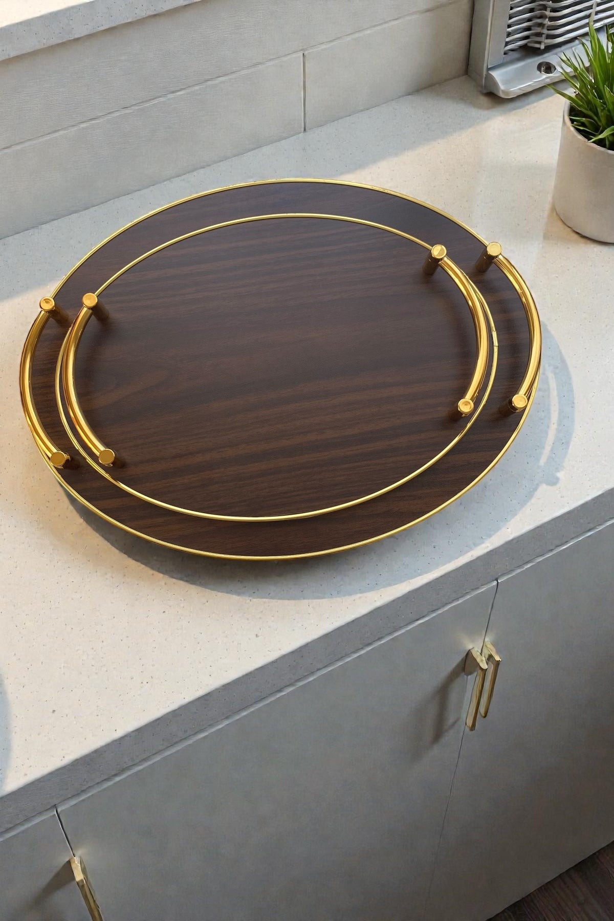 2'li Ahşap Gold Kulplu Tepsi Seti-Koyu Kahverengi 39,5/33,5 cm