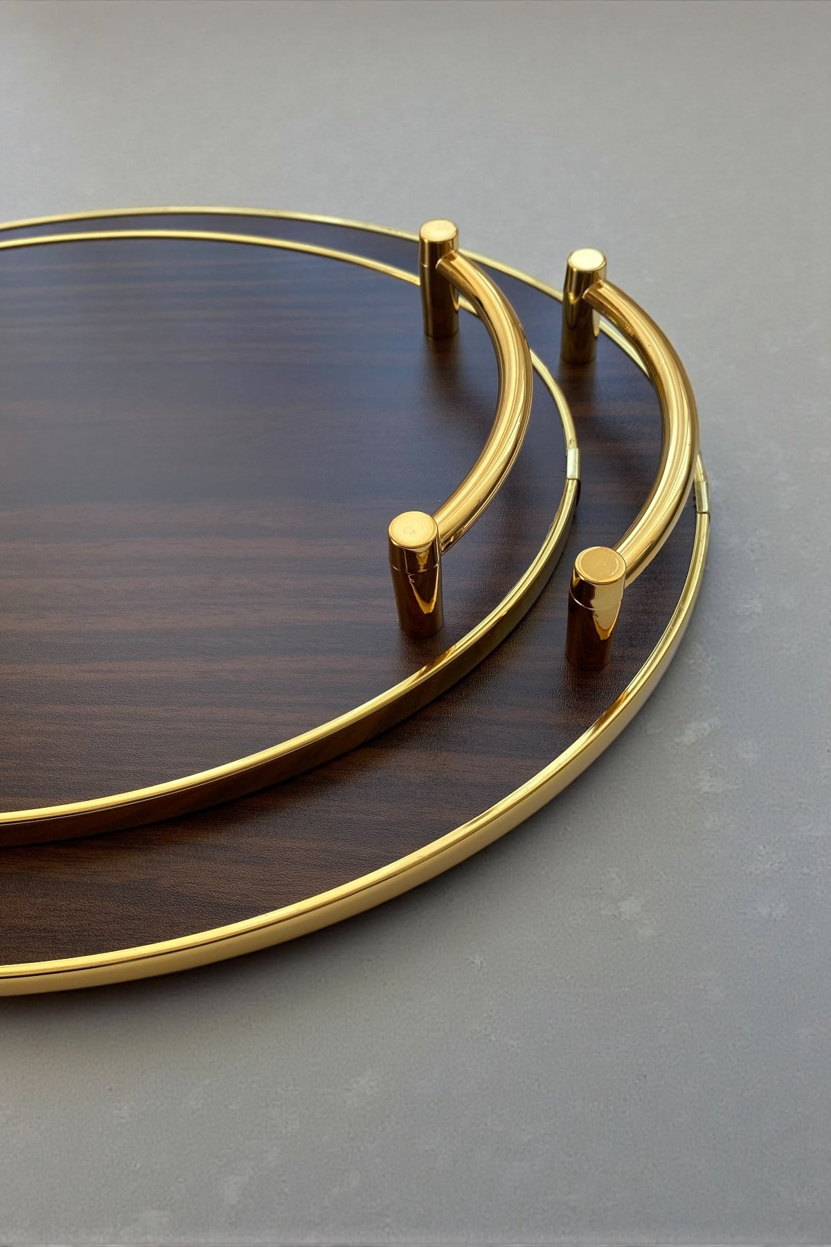 2'li Ahşap Gold Kulplu Tepsi Seti-Koyu Kahverengi 39,5/33,5 cm