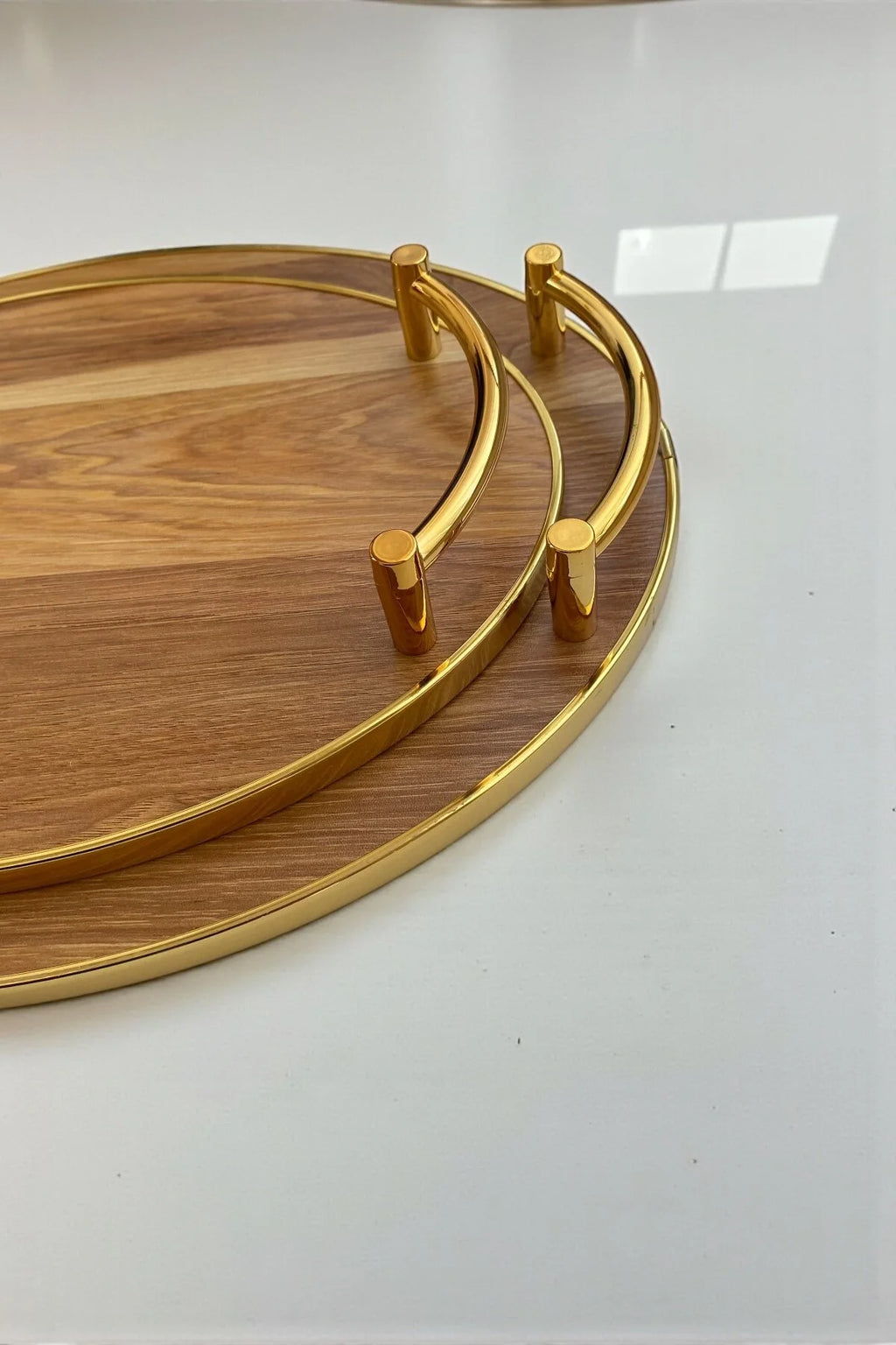 2 Boy Ahşap Gold Kulplu Tepsi Seti-Açık Kahverengi/Boy 39,5 cm ve 33,5 cm