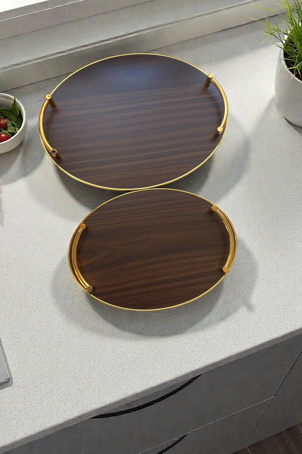2'li Ahşap Gold Kulplu Tepsi Seti-Koyu Kahverengi 39,5/33,5 cm