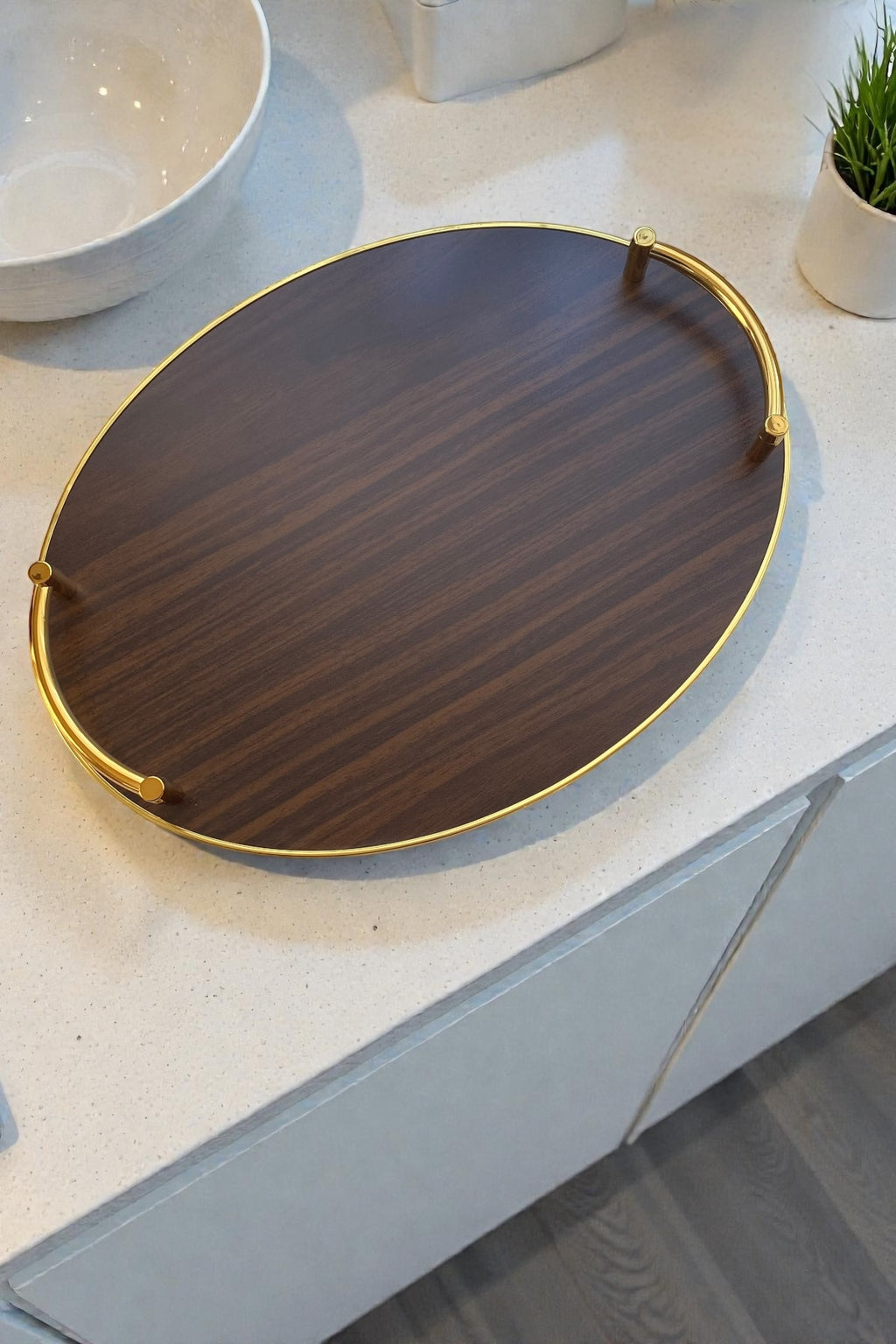 2'li Ahşap Gold Kulplu Tepsi Seti-Koyu Kahverengi 39,5/33,5 cm