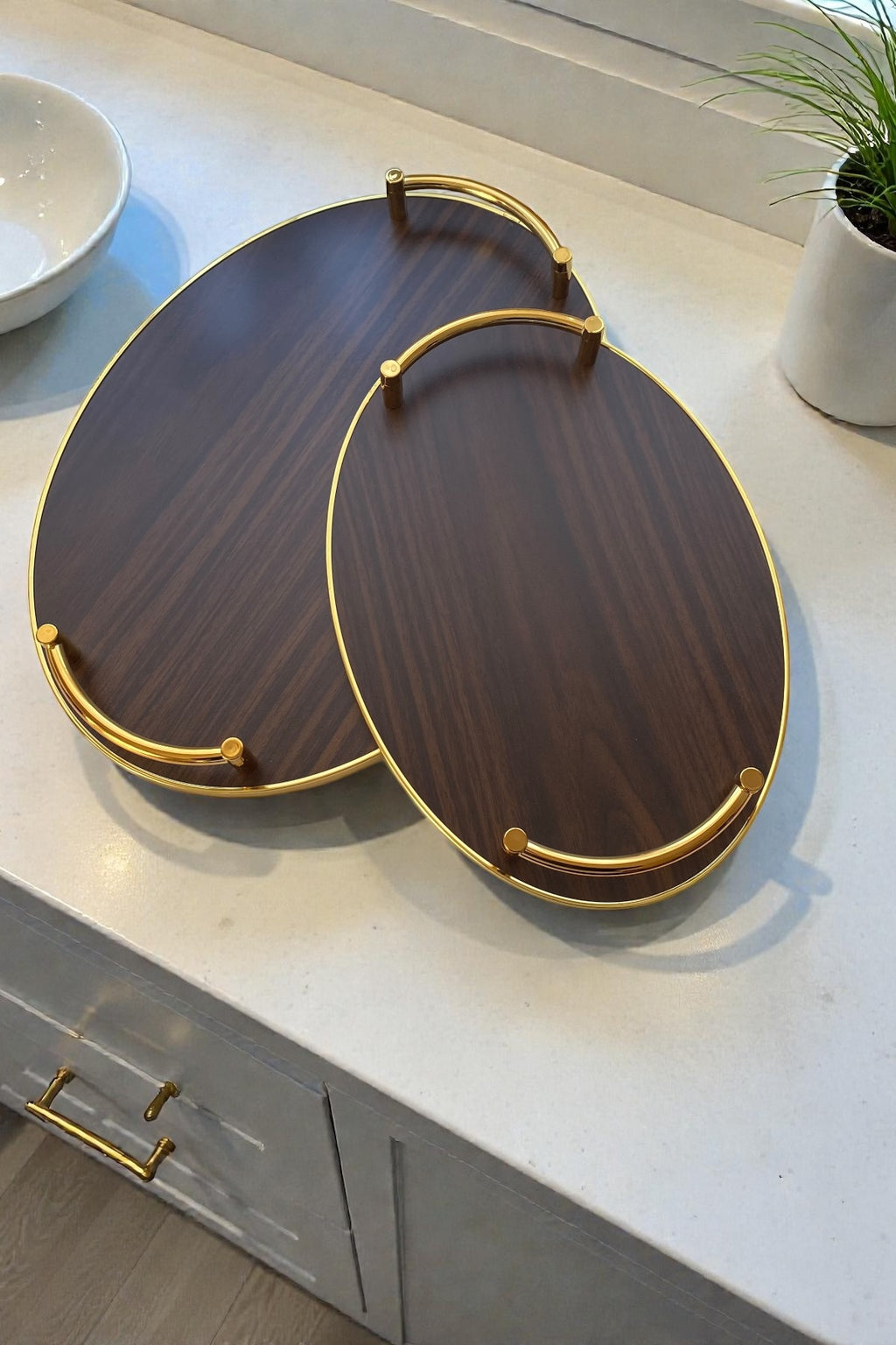 2'li Ahşap Gold Kulplu Tepsi Seti-Koyu Kahverengi 39,5/33,5 cm